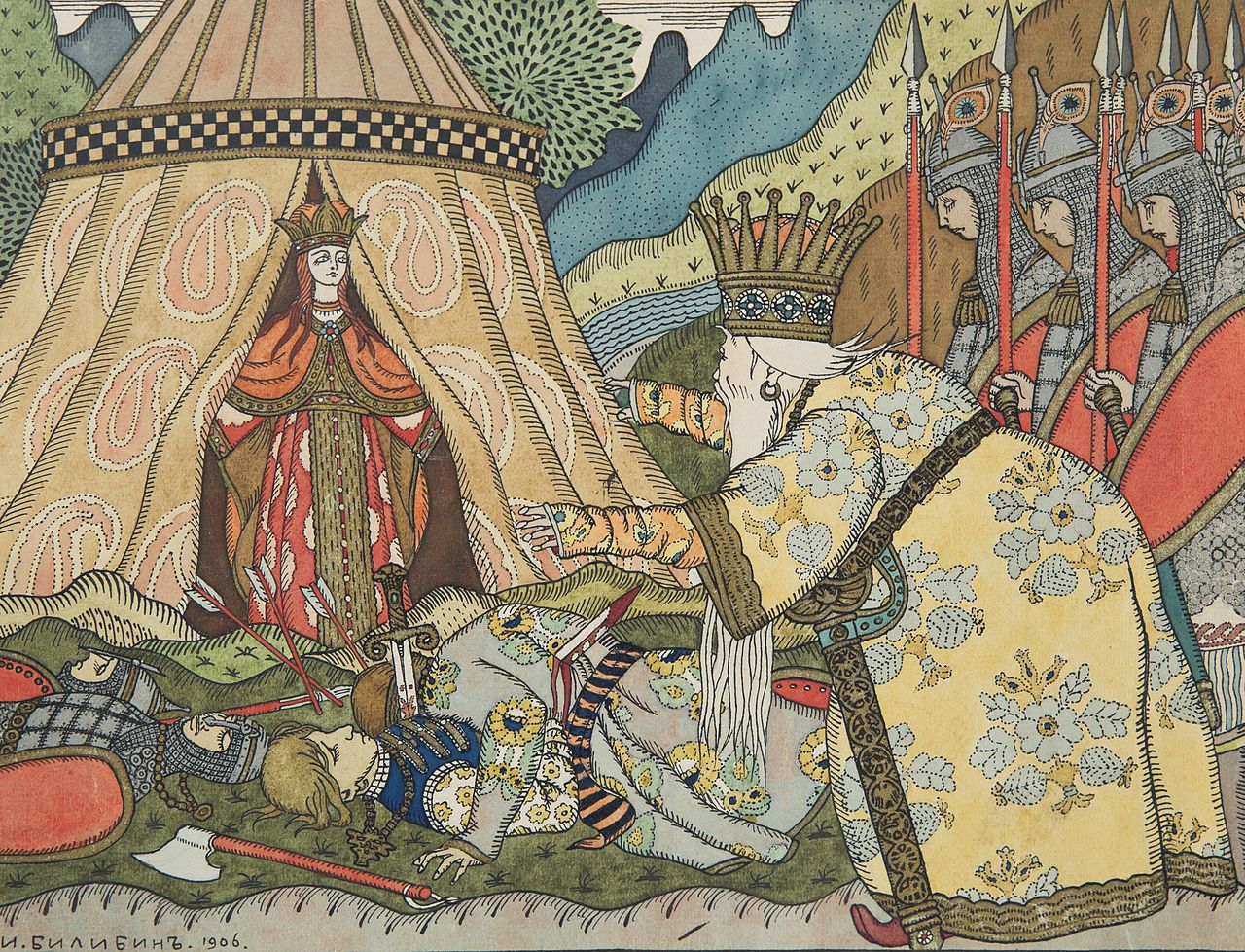 Файл:IVAN YAKOVLEVICH BILIBIN - Tsar Dadon Before the Shemakha Queen, illustration from The Tale of the Golden Cockerel_2.jpg
