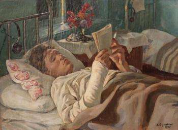 «Раненый лётчик», 1943 г. Картон, бумага, масло. Центральный музей Великой Отечественной войны 1941-1945 гг.
