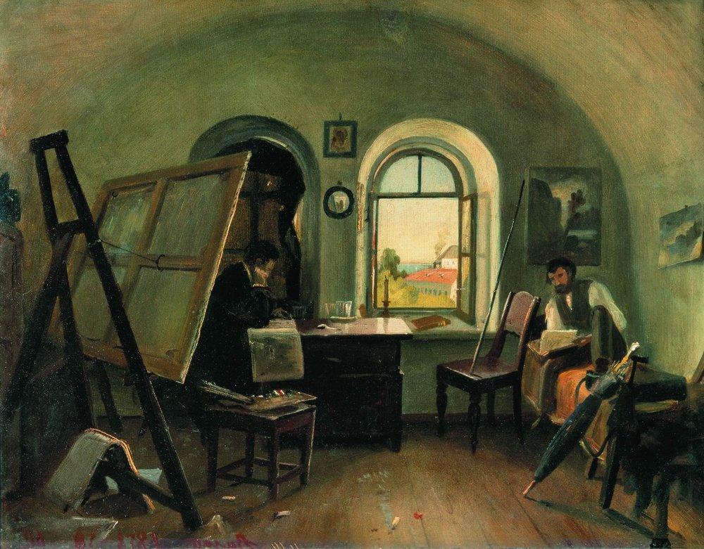 И.И.Шишкин и А.В.Гине в мастерской на острове Валааме. 1860