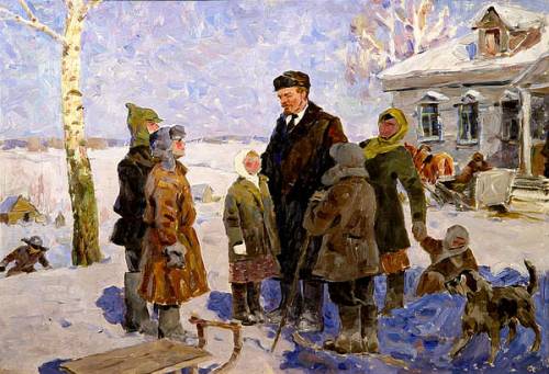 Карякин Н. П. «Ленин с детьми». Kонец 50-х годов ХХ века. Kартон, масло.