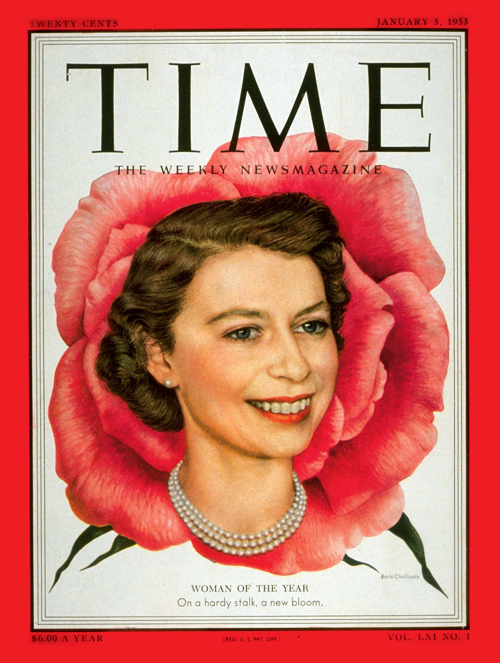 Обложка журнала Time 1953 года с изображением королевы Елизаветы II, подготовленная Борисом Шаляпиным.