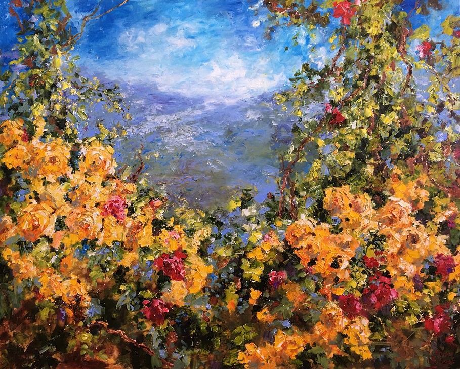 «Тишина летнего сада» („Silence du jardin estival“), холст/масло, 120/150 см, 2021 г.