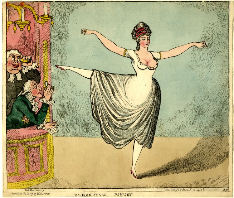 «Мадемуазель Паризо», 1796 Блиставшая в Лондоне парижская танцовщица, из ложи заглядывают к ней под юбку герцог Куинсберри и епископ Даремский