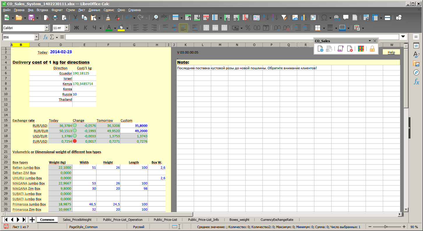 Изображение экрана при работе c приложением LibreOffice Calc, в среде которого выполняется специализированное ПО для сопровождения продаж и контроля остатков склада