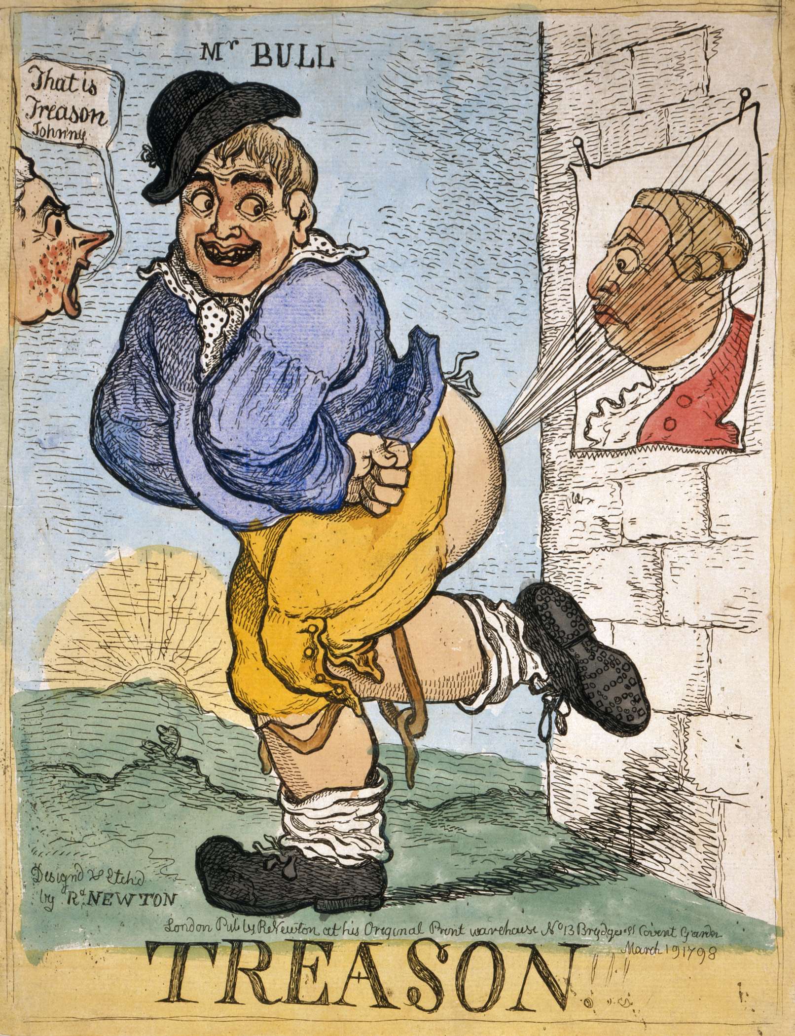 «Измена», 1798 Джон Булль выражает своё отношение к портрету короля Георга III, а премьер-министр Питт сообщает ему, что это государственная измена