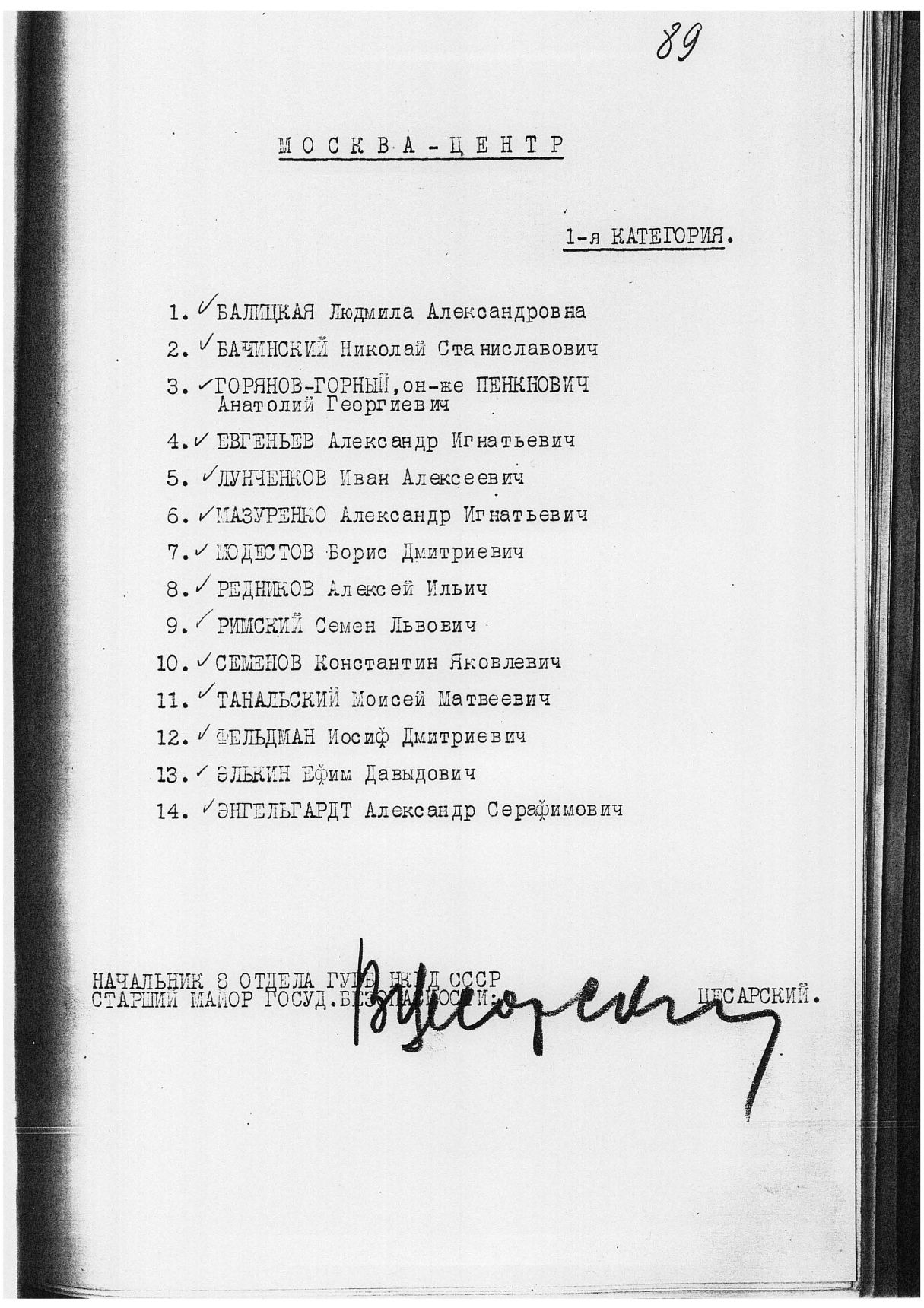 Сталинский расстрельный список в ОП от 27.10.1937 г.(подпись В. Е. Цесарского)